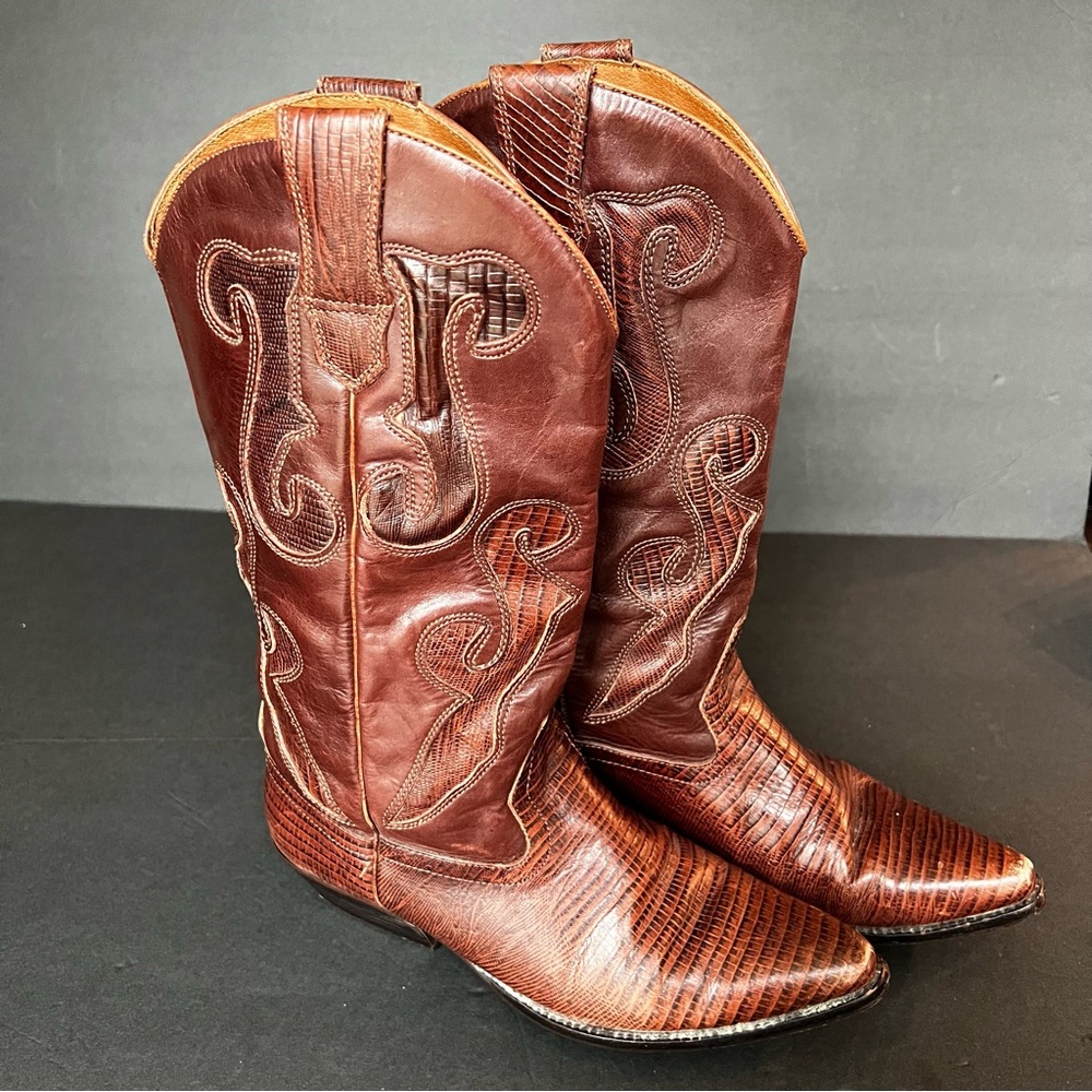 NINE WEST Women's "Romnee"  Lizard Textured Leather Cowboy Boots US 8 1/2 🟡